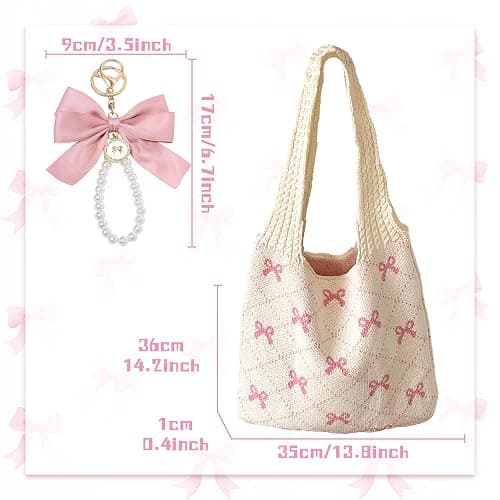 JeVenis Pink Crochet Tote Coquette Bow Aesthetic Hobo Bag for Women Beach Mesh Knitted Shoulder Bag Boho Shoulder Handbag thumbnail 4