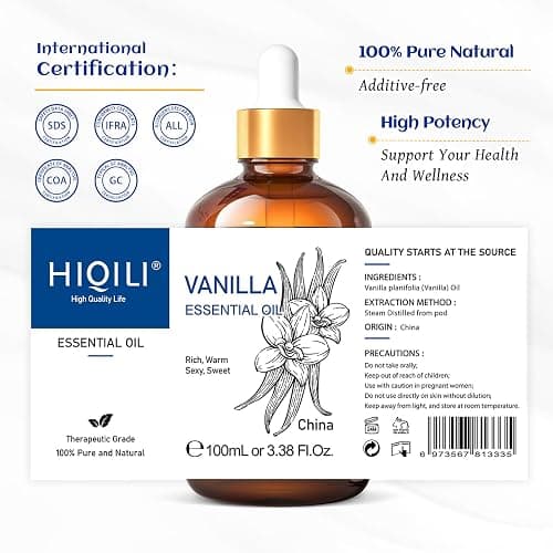 HIQILI Vanilla Essential Oil, Undiluted Natural Strong Fragrance Add in Skin Perfume, Unscented Lotion, Candle Soap Making Scent, Relax at Home with Diffuse Warm Sweet Aroma -100ML thumbnail 8