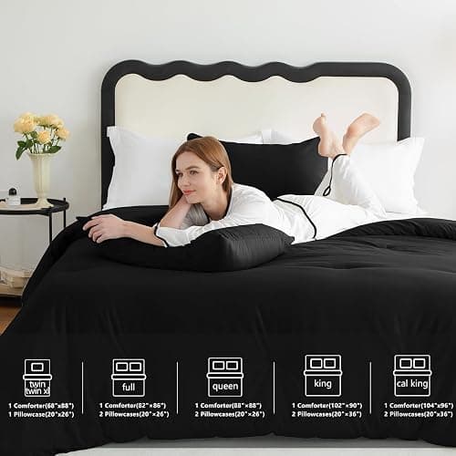 CozyLux King Size Comforter Set Black, 3 Pieces Solid Comforters King Size Breathable Quilted Style Bedding Set, Luxury Soft Microfiber Down Alternative Comforter Bed Set (1 Comforter & 2 Pillowcases) thumbnail 6