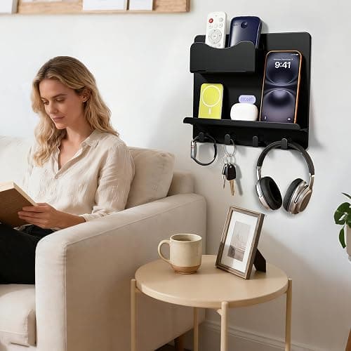 Floating Shelves for Bedside Shelf Accessories Organizer, Wall Mount Self Stick On, Cute Room Decor Aesthetic, Girls Room Decor, Cool Stuff for Bedroom Storage and Organization Black thumbnail 4