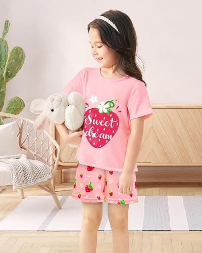 Nidoul Girls Pajamas Short Sleeve Toddler Summer Pjs Girls' Sleepwear 2 Pieces Lounge Sets Kids Clothes 3T-14Y - Pink Strawberry - 5-6 Years thumbnail 4