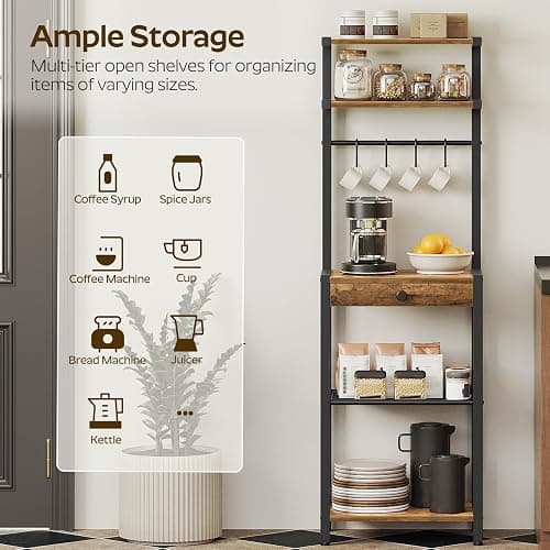 YATINEY Bakers Rack, 5-Tier Coffee Bar Station, Coffee Stand with Pod Drawer Holder, Versatile Kitchen Storage Rack with 4 Hooks, for Living Room, Cafe Corner, Rustic Brown and Black KF01BRY1 thumbnail 4