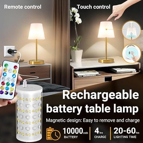 1 Pack Cordless Table Lamp Rechargeable, 10000 mAh Portable LED Battery Operated Lamp with Remote Control, 10 Colors Dimmable Touch Desk Light with Timer for Bedside Night Light Outdoor Patio Camping thumbnail 3