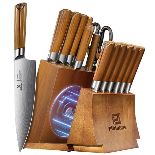 Kitchen Knife Sets With Block, Piklohas 15 Pieces Knife Sets With Magnetic Detachable Knife Holder, High Carbon Steel Damascus Pattern Chef Knife Set With Steak Knives, Ideal For House Warming Gift - Image 1