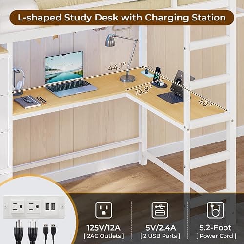 DICTAC Twin Size Loft Bed with L-Shaped Desk and 7 Storage Drawers,Metal Twin Loft Bed for Kids with LED Lights and Charging Station,13.11" H Safety Guardrail and Ladder,No Box Spring Needed, White thumbnail 7