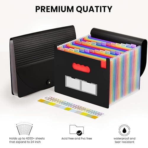 Sooez 24 Pockets Expanding File Folder with Blank Labels, According File Organizer with Expandable Cover, Desktop Accordion Folders Letter A4 Paper Document Storage Organizer, Black thumbnail 7