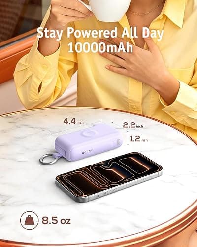 RORRY Flow Portable Charger 10000mAh 40W Wall Plug Power Bank Battery Pack | Built-in USB-C Cable, Keychain Design, Fast Charging, for iPhone 18 Pro/17/16/15, Apple Watch, iPad, Travel Essential thumbnail 8