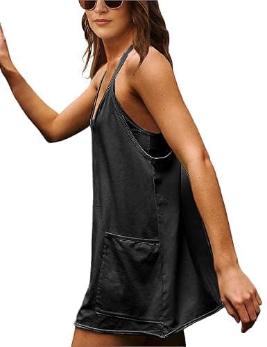 Zhiyouni Women's Summer Sleeveless Mini Dress V Neck Spaghetti Straps Athletic Built-in Shorts Sundress thumbnail 4