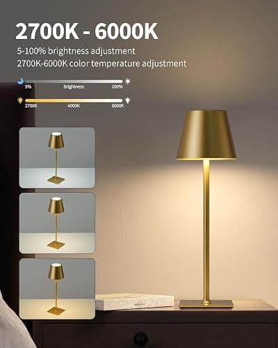 KDG 2 Pack Cordless Table Lamp, Portable LED Desk Lamps, 5000mAh Battery Operated, 3 Color Stepless Dimming Up, for Restaurant, Bedroom, Outdoor Camping, Coffee Shop, Night Light, Rechargeable (Gold) thumbnail 8