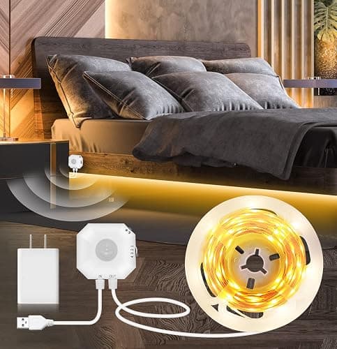 MATICOD Motion Sensor Lights Indoor Under Bed Lights, 3500K Motion Sensor Led Strip Lights for Bedroom, Warm White Under Cabinet Lights for Kitchen, Closet, Stair Night Light, 16.4ft NO APP - Image 1