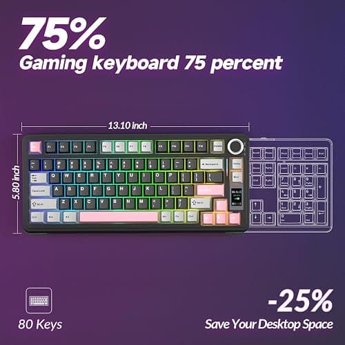AULA S75 PRO Wireless Mechanical Keyboard with Screen&Knob, 75% Hot Swappable Gaming Keyboard with Pre-lubed Switches, RGB Backlit, PBT Keycaps Creamy Sounding Pc Gaming Keyboards thumbnail 9