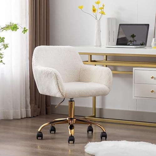 Yoluckea Furry Height Adjustable Vanity Chair, Computer Cute Office Desk Chairs, Faux Swivel Chair White Faux Four Pads thumbnail 2
