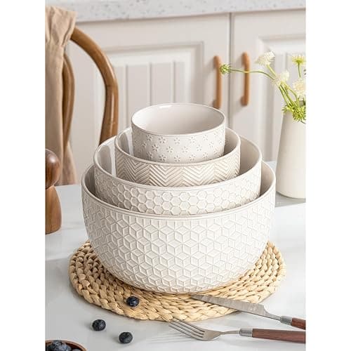 MIKIGEY Ceramic Mixing Bowls, Embossed Nesting Bowls Set of 4, Mixing Bowl Set for Serving, Baking, Cooking and Gift, Microwave and Dishwasher Safe, 20/47/99/148 oz, Off-White thumbnail 9