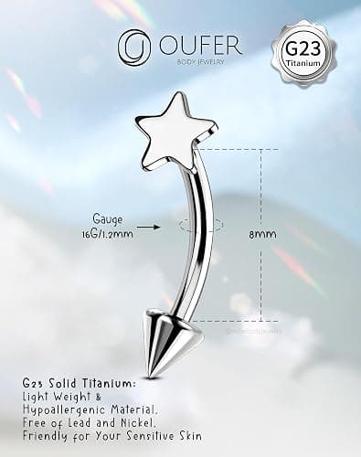 OUFER Rook Piercing Jewelry, G23 Solid Titanium Eyebrow Rings, Heart Vertical Labret Lip Jewelry, 16G Curved Barbells, Daith Rook Earrings for Women Men thumbnail 4