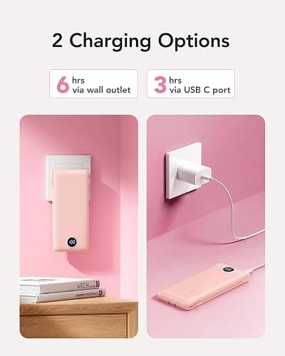 VRURC 22.5W Portable Charger 10000mAh Fast Charging with Built-in AC Plug | powe bank battery pack, travel essentials for women,USB C cable, Ultra Slim,pocket size Pink thumbnail 8
