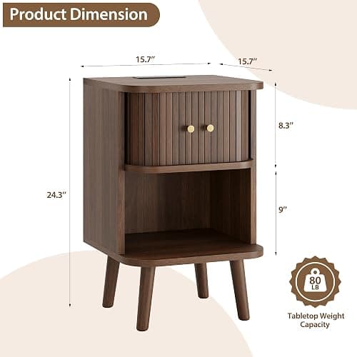 Decofy Fluted Nightstand Set of 2, Mid Century Modern Bedside Table with Charging Station, Walnut End Tables with Sliding Tambour Doors, Storage Cabinet and Open Shelf for Bedroom, Walnut thumbnail 2