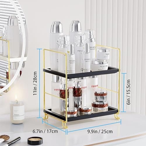 FSyueyun 2-Tier Bathroom Countertop Organizer, Tool-Less Installation Premium Plastics Makeup Shelf Organizer Perfume Skincare for Dresser Vanity Tray Organizers and Storage (Gold & Black) thumbnail 2