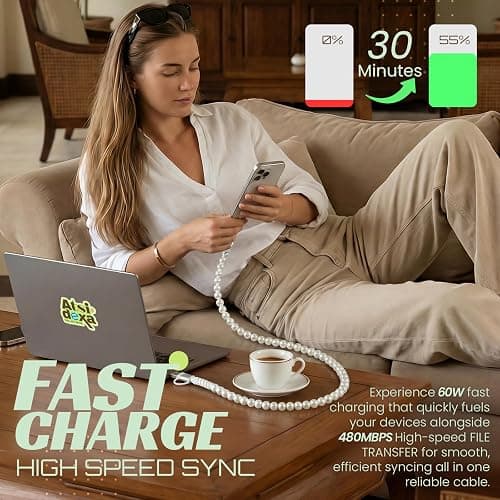 Atsidexa 4-in-1 Beaded Charging Cable, MFi Certified, Works with CarPlay, 3.3FT 60W Fast Charger Cord for iPhone 17/16/15/14/13/12/11, iPad, Samsung, Android and More (Pure Pearl) thumbnail 3