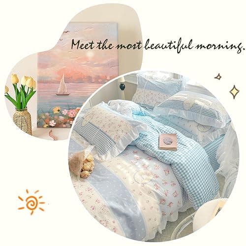 AMZTOP Cute White Ruffle Duvet Cover Set Queen Size Reversible Blue Floral Plaid Comforter Cover with 2 Pillowcases 100% Cotton Romantic Kawaii Bedding Set with Zipper Closure, Queen 90 * 90” thumbnail 6