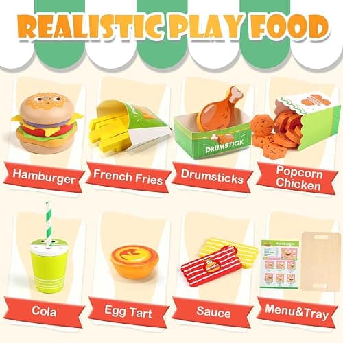 Wooden Hamburger Play Food Set for Kids, Fast Food Playset with Tray, Pretend Play Kitchen Accessories for Toddlers thumbnail 5