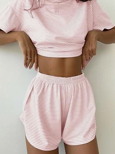 OYOANGLE 2 Pack Summer Pajama Set for Woman Striped Short Sleeve Tshirt and Split Shorts Cute PJ Sets Loungewear thumbnail 2