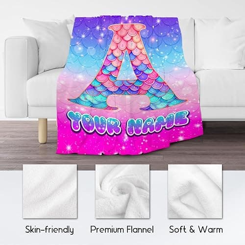 Blankets for Girls - Personalized Mermaid Blanket with Name - Soft Fuzzy Monogram Throw for Kids Adults - 4 Size Options thumbnail 6
