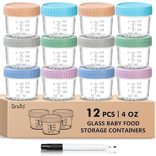 DRKIO 12 Pack Glass Baby Food Storage Containers - 4 Oz Baby Food Jars with Lids Baby Food Maker Microwave Dishwasher Freezer Safe 100% Leak Proof BPA Free Reusable - Image 1