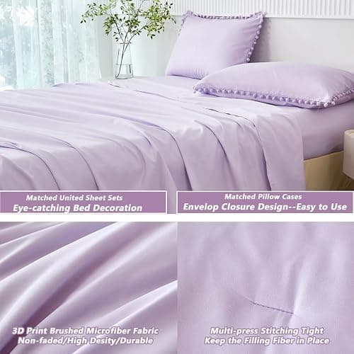 PERFEMET 5 Pieces Lavender Purple Comforter Set Twin Aesthetic Boho Solid Bed Comforter Sheet Set with Pompoms Soft Microfiber Light Purple Bed in A Bag for Girls Kids(Lavender, Twin) thumbnail 6