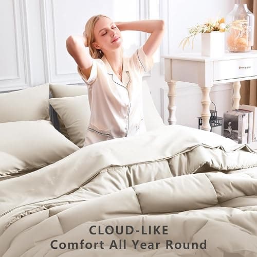 CozyLux Twin XL Comforter Set Beige, 5 Pieces Twin Extra Long Bed in a Bag for College Dorm, All Season Bedding Set with Stitch Quilted Comforter, Flat Sheet, Fitted Sheet, Pillowcases thumbnail 4