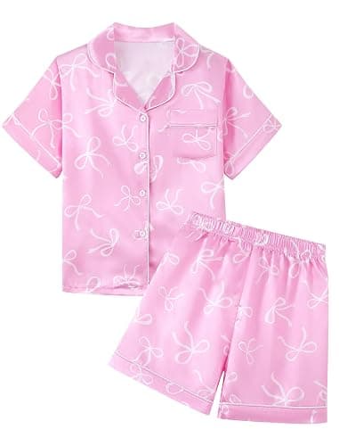 Mikrdoo Girls Pajamas Set Soft Silk Satin Pajamas 2 Piece Short Sleeve Sleepwear for Kids Size 4-16 Years - Image 1