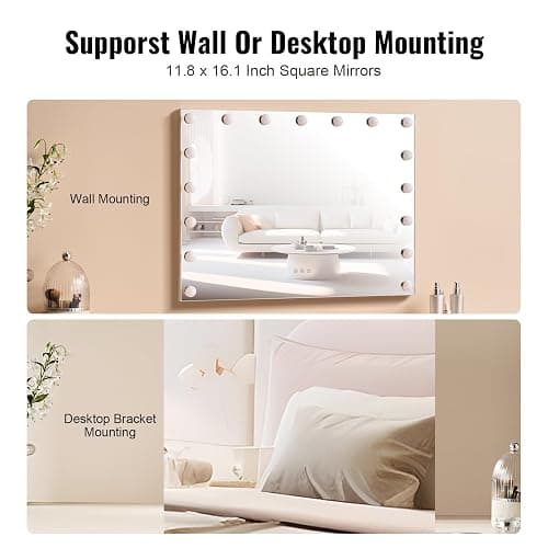 VEVOR Hollywood Vanity Mirror with Lights, Dimmable Bulbs &3 Color Lighting Modes, Makeup Mirror w/Detachable 5X Magnification,USB Port, Smart Touch Control,Desktop Wall-Mount(31.5x23.6in, White) thumbnail 6