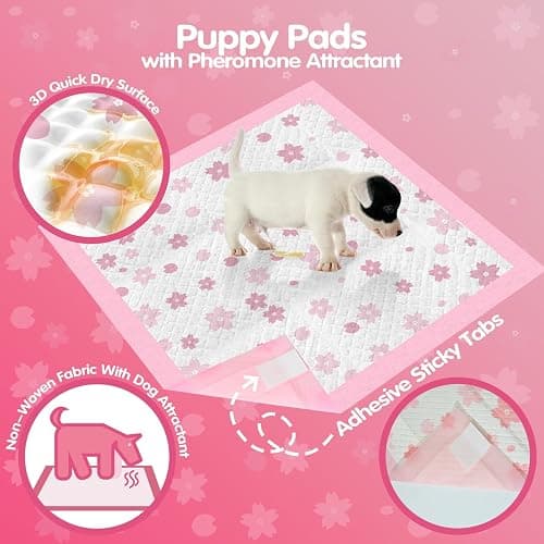 Cibaabo Pink Puppy Pads with Adhesive Tabs 22x22in 50 Count Absorbent | Cute Cherry Blossom Design | Dog Potty Training Pee Pads | Leak-Proof | Quiky-Dry | for Puppies, Small Dogs, Cats, Rabbits thumbnail 6