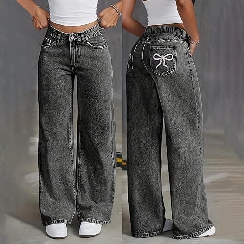 Girls High Wasited Jeans Wide Leg Straight Y2K Solid Baggy Denim Pants Cute Loose Fit Denim Trousers thumbnail 5