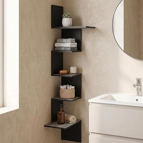 Furinno Rossi 5-Tier Corner Floating Shelves for Wall, French Oak | Rectangular Corner Wall Shelf, S-shape Radial Floating Book Shelf, Easy Assembly, for Bathroom, Bedroom, Living Room thumbnail 2