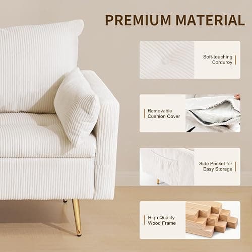 Furnimart 2-Seater Storage Loveseat Sofa for Small Spaces, 62“ Corduroy Small Couch with Removable Cushion Cover and Gold Leg for Bedroom, Apartment, Tiny Homes and Lofts, Beige thumbnail 5