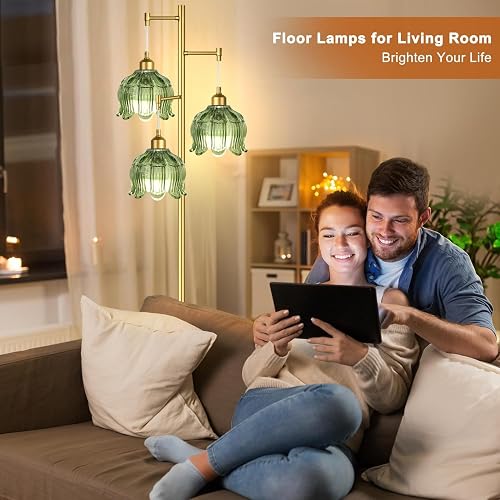 Vintage Floor Lamps for Living Room Bedroom-3 Light Glass Floor Lamp with Three Led Bulb, Flower Tall Floor Lamp Gold Mid Century Modern Standing Lamp Tree Floor Lamps for Living Room Bedroom Corner thumbnail 3