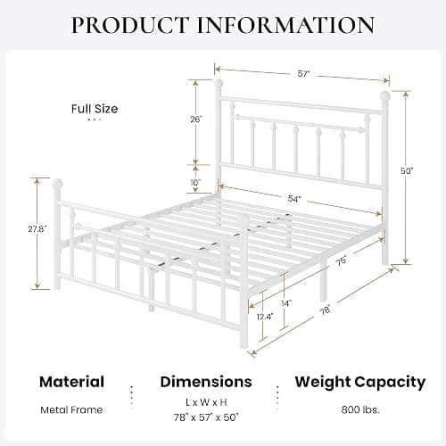 SHA CERLIN 14'' Full Size Metal Platform Bed Frame/Victorian Headboard and Footboard/Steel Slats Mattress Foundation for Storage/No Box Spring Needed/Noise Free/White - White - Full thumbnail 2
