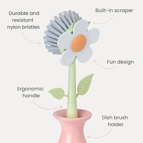 Vigar Florganic Daisy-Shaped Dish Brush with Vase Dish Brush Holder, Dish Brush with Handle, for Pot Scrubber, Kitchen Dishes, and Sink Cleaning, Pink thumbnail 4