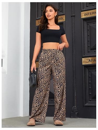 OYOANGLE Women's Leopard Print Elastic High Waist Long Pants | Loose Wide Leg, with Pockets, All Over Cheetah Printed, Casual Ladies Outfit, Palazzo Trousers thumbnail 6