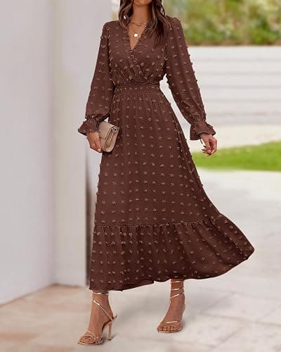 BTFBM Women Fall Maxi Dresses 2025 Long Sleeve V Neck Swiss Dots High Waisted A-Line Ruffle Boho Long Dress Vacation thumbnail 8