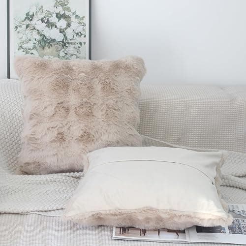 NIULAA Beige Cushion Covers 45 x 45 Soft Fluffy Faux Fur Cushion Cover Set of 2 Thick Plush Luxury Decorative Pillows 18x18 Modern Moroccan Style Covers Bedroom Sofa Pillow Shell thumbnail 2