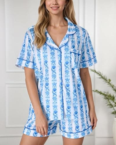 Pajamas for Womens Set Summer 2 Pece Pjs Matching Shorts Set Loungewear Palm Sleepwear for Beach Vacation, Holiday thumbnail 4