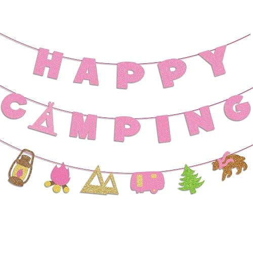 Kristin Paradise Happy Camping Banner, Glamping Party Sign Decorations for Girl, Pink Camper Theme Supplies, Camp Birthday Themed Decor - Image 1