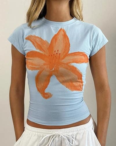 Cioatin Women Y2K Short Sleeve Flower Graphic Baby Tee Shirt Vintage Aesthetic Floral Print Summer Crop Tshirt Tops thumbnail 2