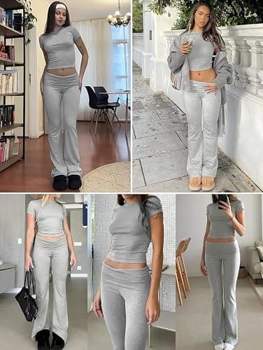 ZFLM Casual Workout Two Piece Outfits for Women Short Sleeve Crop High Waist Foldover Flare Pants Tracksuit Sets Streetwear thumbnail 7