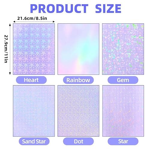 36 Sheets Holographic Sticker Paper, Clear Vinyl Lamination Sticker Film Self Adhesive, Transparent Overlay Laminate Sticker Paper Waterproof-Gem/Dots/Sand Star/Rainbow/Star/Heart, 8.5x11 Inch thumbnail 7