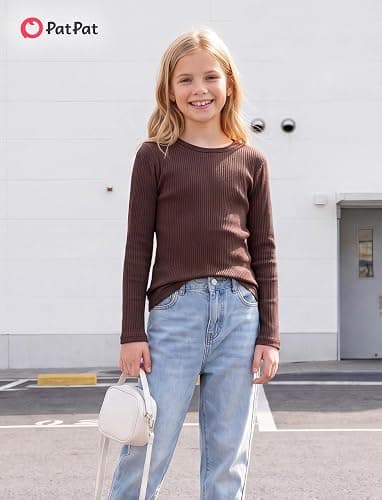 PATPAT Girls Long Sleeve Shirt Ribbed Slim Fit Basic Dressy Tops Tees 5-16Y | Soft Cotton, Classic Crew Neck, Solid Color, knitted Stretchy Fabric, Year-Round Style, Breathable, Casual/School/Vacation thumbnail 5