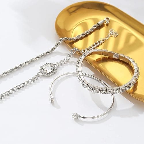 4 Pcs Dainty Gold Silver Bracelets Set for Women 14K Plated Link Cubic Zirconia Paperclip Stake Layering Chain Adjustable Trendy Hand Jewelry thumbnail 3