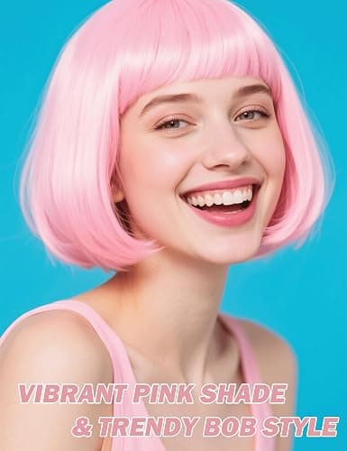 FSLLZCJY Light Pink Bob Wig with Heart Sunglasses - Heat-Resistant, Synthetic Fiber, Adjustable and Natural Looking thumbnail 2