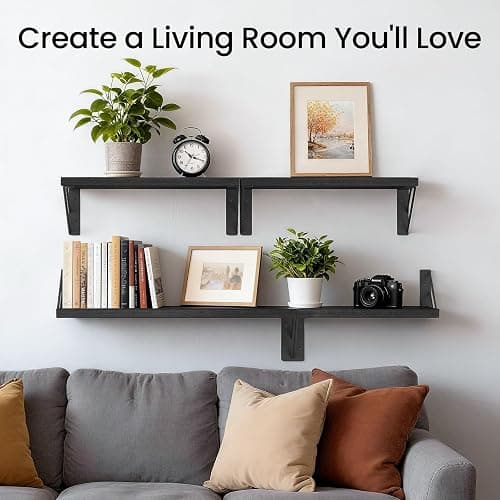 BAYKA Wall Mounted Floating Bathroom Shelves, Wood Wall Shelf for Books & Decor, Space-Saving Display & Organizer (Black, Set of 4) thumbnail 2